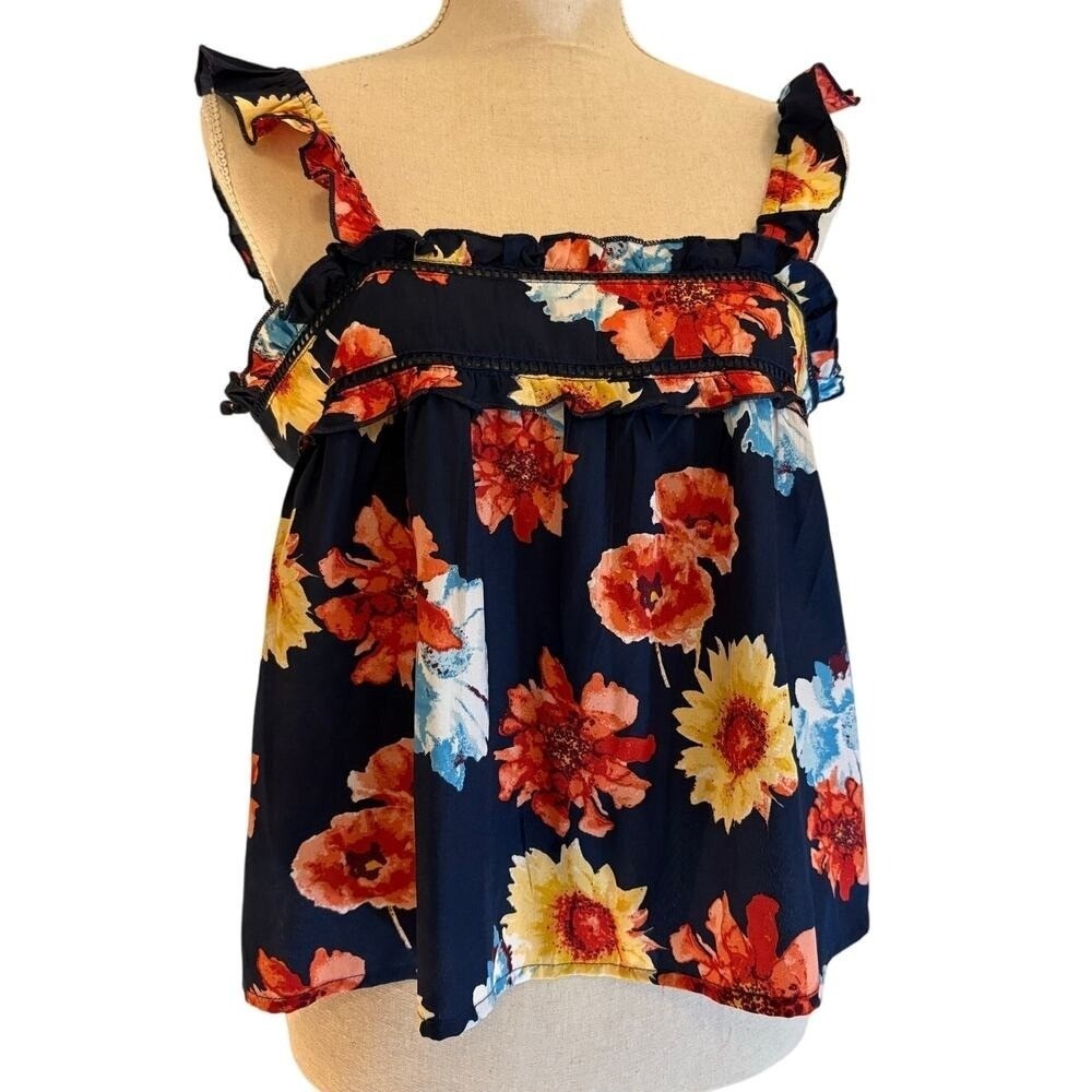 Navy Floral Ruffle Cami Babydoll Top Romantic Cottagecore Boho Summer Medium